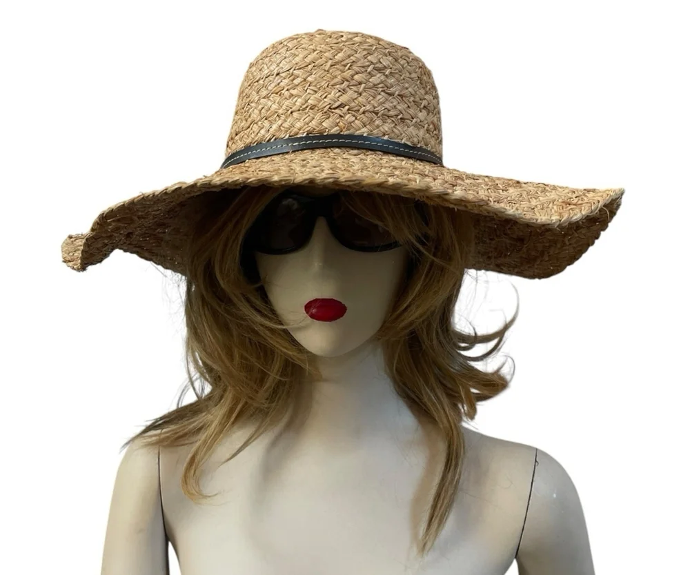 Nine West Wide Brim Raffia Floppy Sun Hat Natural Tan Dark Band Vintage VG